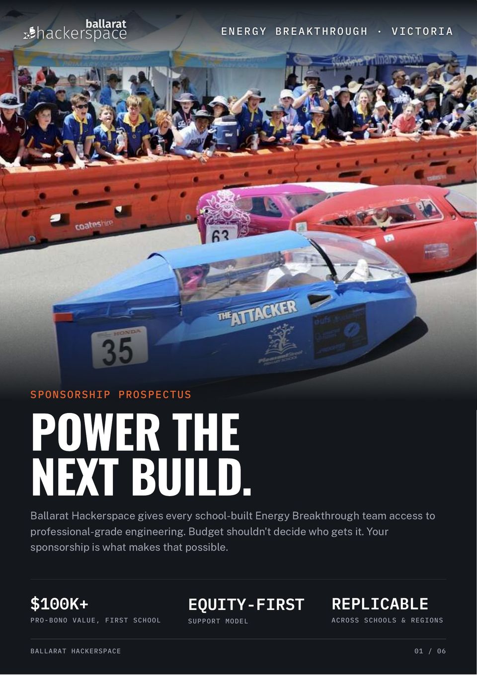 Cover of the Energy Breakthrough sponsorship prospectus: school vehicles racing past cheering students