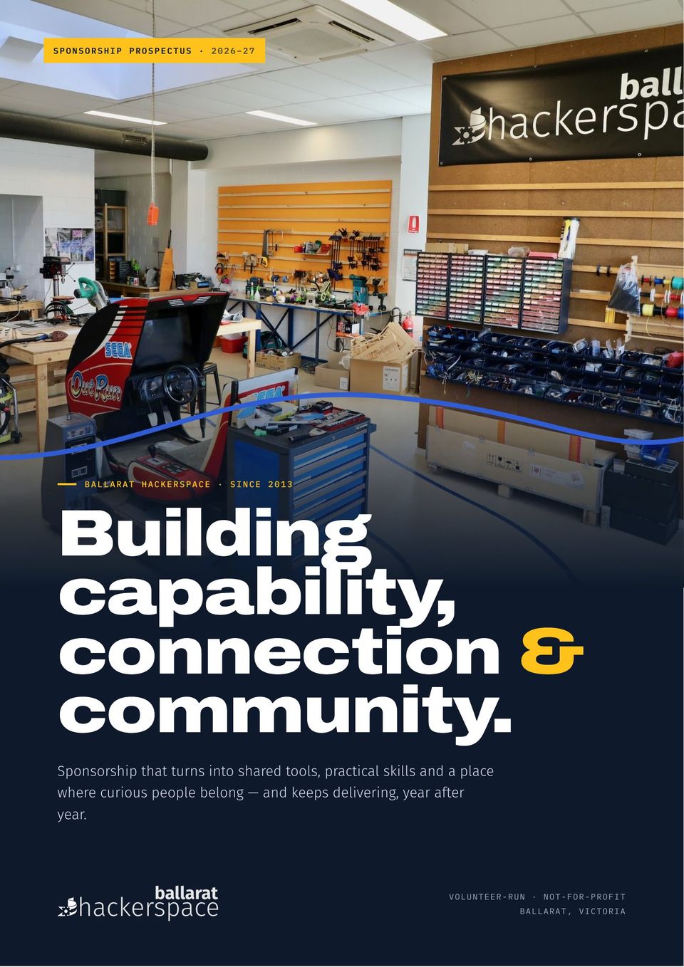 Cover of the Ballarat Hackerspace sponsorship prospectus: the workshop, with the headline "Building capability, connection & community"